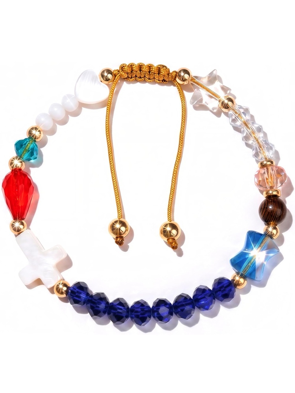 Anthropologie Multicolor Crystal Star & Cross Bead Bracelet with Gold Cord